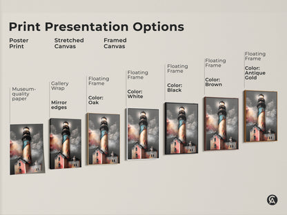 Explore print presentation options for coastal lighthouse artwork. Options include a poster print stretched canvas and framed canvas. Each brings a unique aesthetic to this teal orange and grey artwork. Perfect nautical decor.