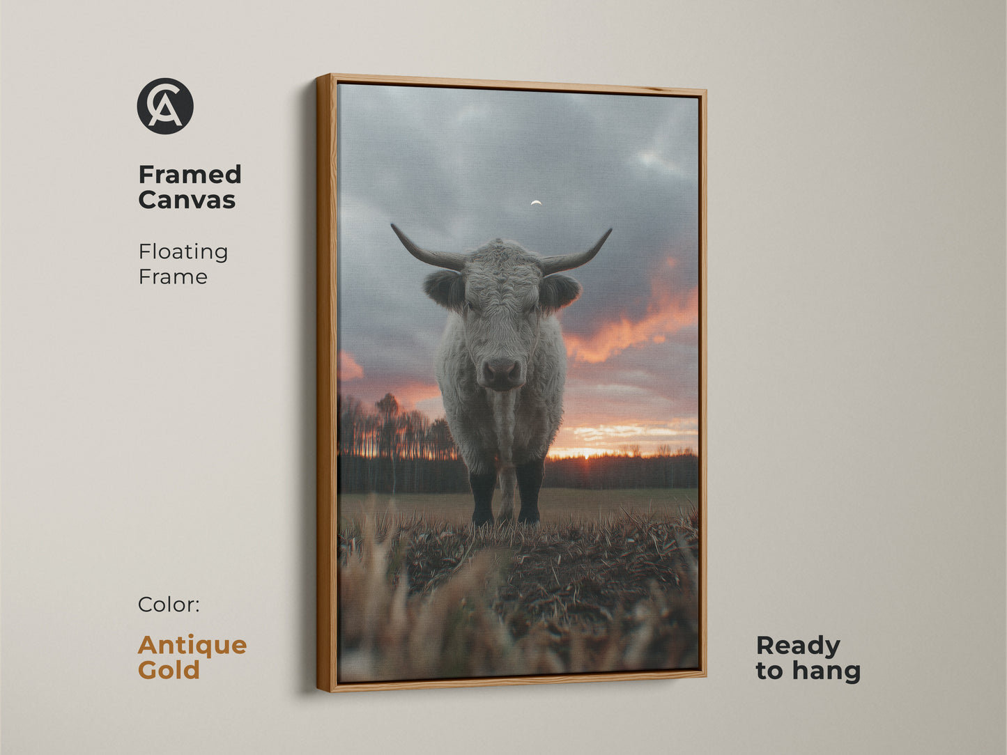 Antique gold framed canvas art of a Highland cow. This farmhouse sunset artwork brings rustic elegance to your walls. Ready to hang animal wall decor is a perfect housewarming gift. The soft grey cow and orange sky create a cozy ambiance.