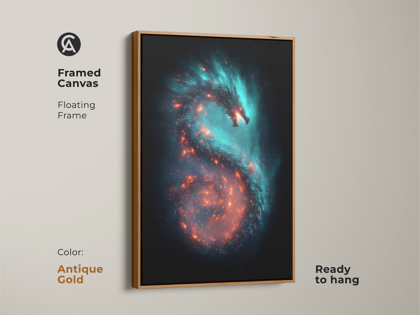 Framed canvas showcasing galaxy dragon art. The floating frame enhances the cosmic nebula artwork. The teal and orange space art is ready to hang. Ideal for eclectic sci-fi wall decor. The antique gold frame adds a touch of elegance to this fantasy dragon artwork.