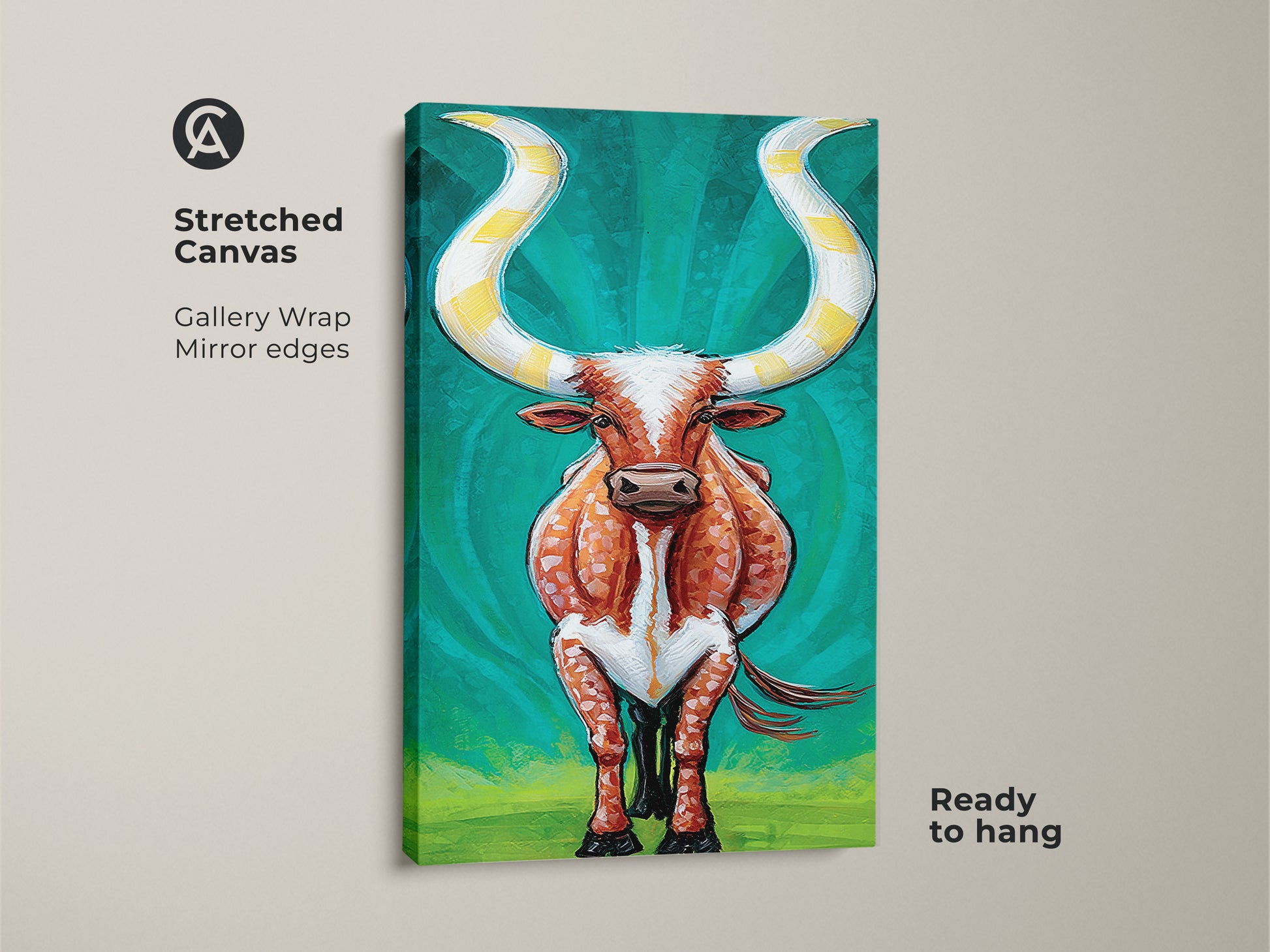 Stretched Canvas artwork of an Expressive Longhorn Cattle. Gallery wrap showcases mirror edges. Ready to hang this orange and teal farmhouse print instantly elevates your eclectic ranch wall decor. This Western animal canvas art is a statement piece adding character to your home.
