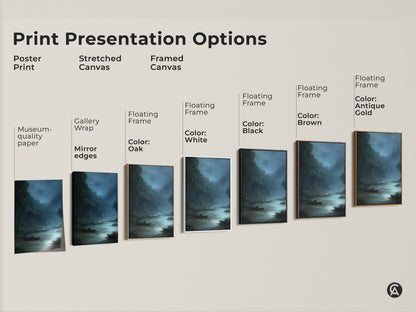 Explore print presentation options for a traditional river scene canvas. Choose from poster prints stretched canvases and framed canvases. Each option showcases a misty grey and deep blue landscape artwork.