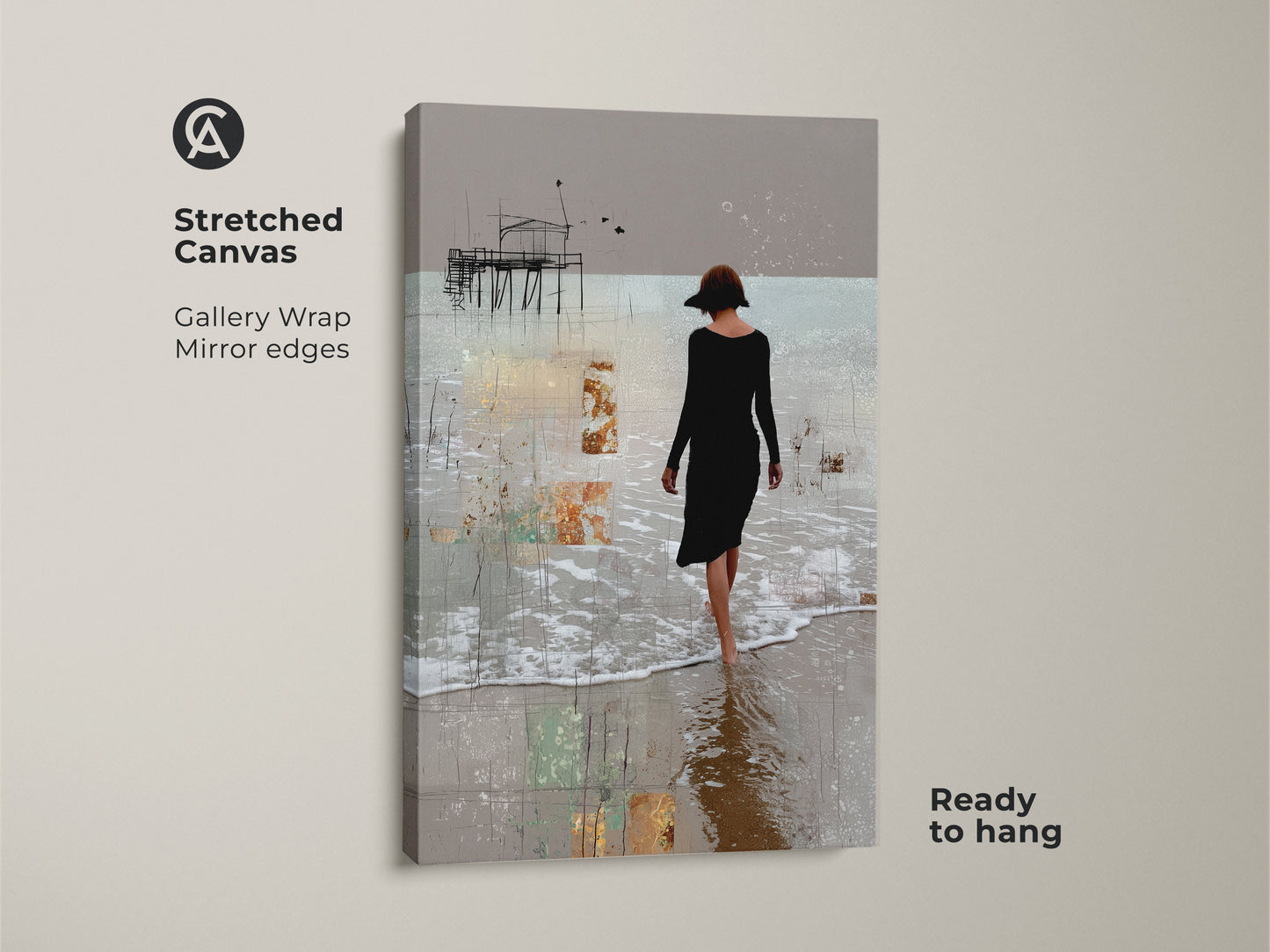 A stretched canvas displays abstract woman canvas art. The gallery wrap and mirror edges enhance this figurative beach artwork. Ready to hang this beige neutral home decor will add a contemporary coastal touch. Ideal minimalist beach wall art for any space.