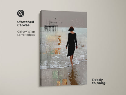 A stretched canvas displays abstract woman canvas art. The gallery wrap and mirror edges enhance this figurative beach artwork. Ready to hang this beige neutral home decor will add a contemporary coastal touch. Ideal minimalist beach wall art for any space.