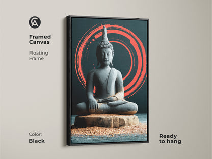Black framed canvas featuring Japandi Zen Buddha artwork. Floating frame adds a modern touch to this minimalist meditation art. The coral Zen circle enhances the spiritual decor. Ready to hang this piece adds peace to any room.