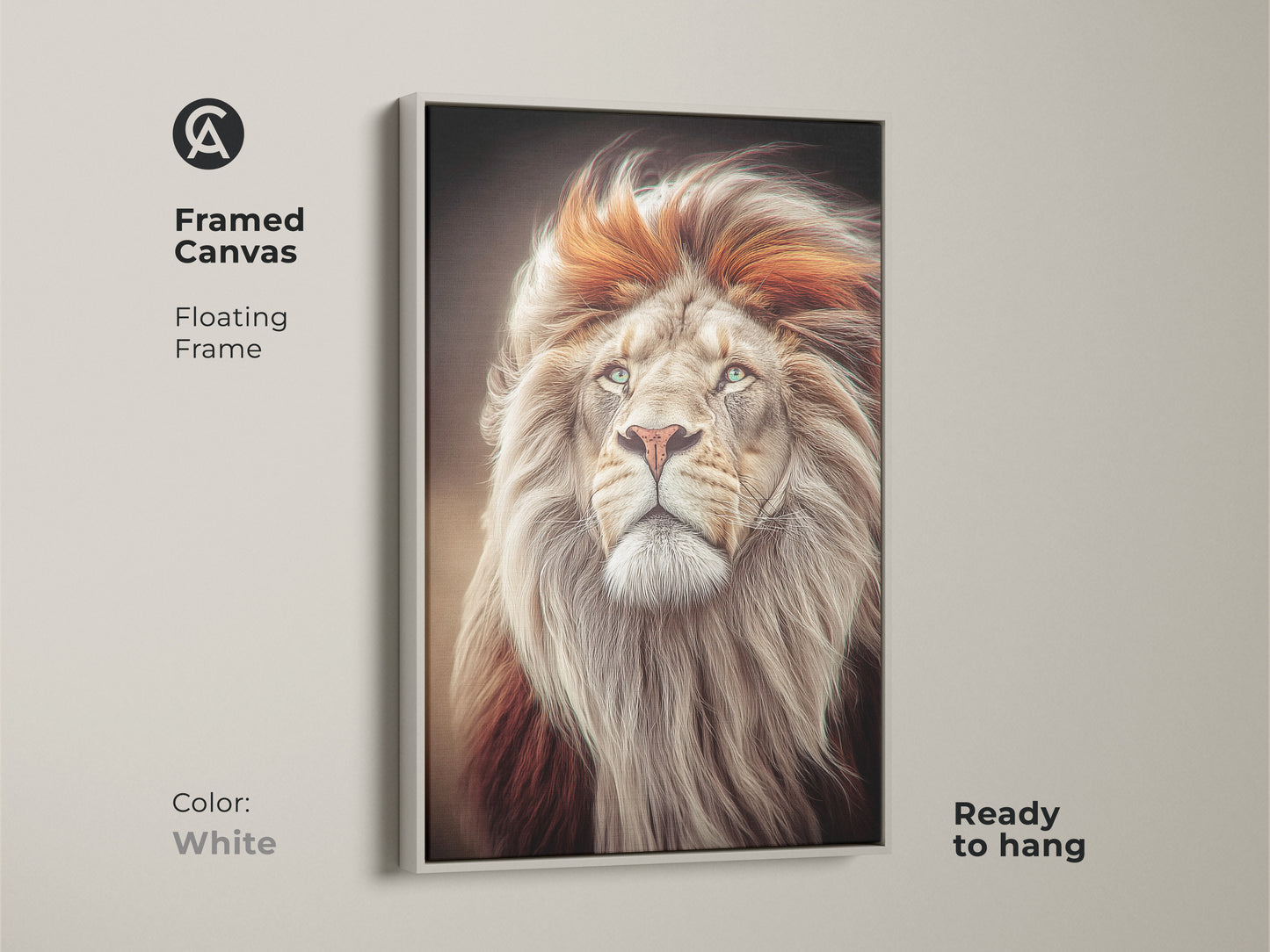 Framed canvas of the lion artwork with a white floating frame. The modern office wall decor is ready to hang. The wildlife portrait print brings nature's grandeur to your space. This powerful animal art is perfect for safari themed decor.