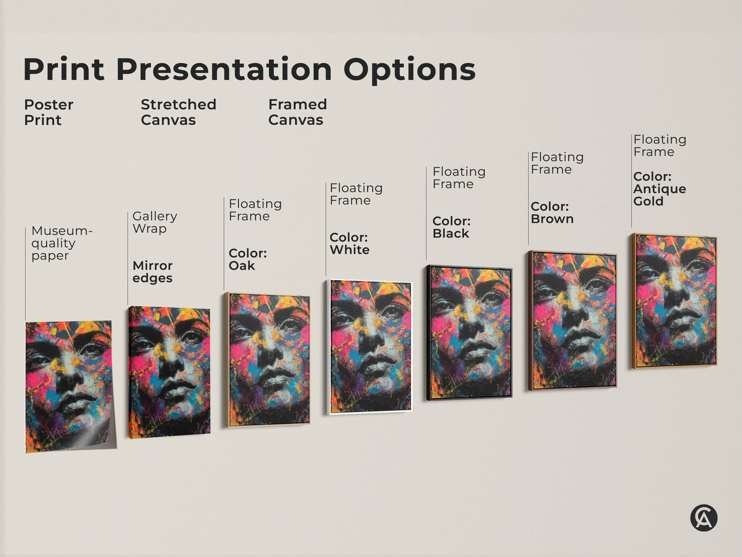 Explore print presentation options. Choose from poster print stretched canvas or framed canvas. Multiple frame colors are available. Find the perfect style for your colorful face portrait art. Enhance your home decor.