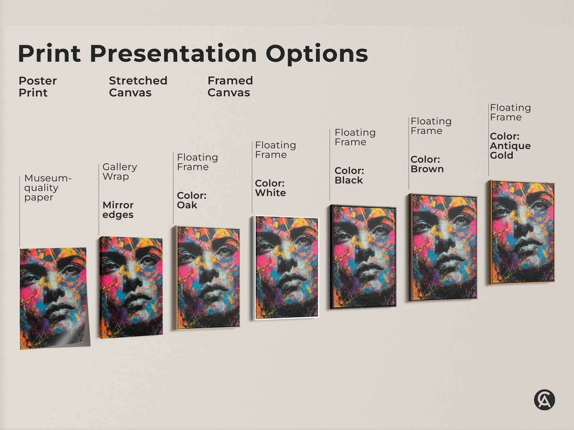 Explore print presentation options. Choose from poster print stretched canvas or framed canvas. Multiple frame colors are available. Find the perfect style for your colorful face portrait art. Enhance your home decor.