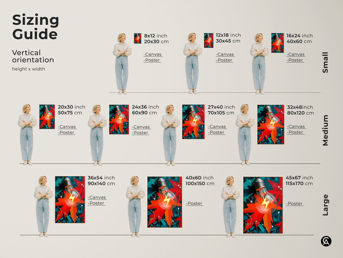 Sizing guide showing various sizes of the vertical abstract light bulb canvas and poster prints. A lightning bolt has the colors of red orange and teal. Decorate your office with modern wall art.