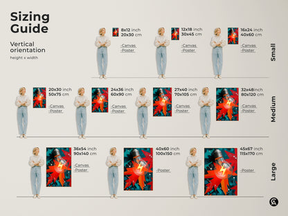 Sizing guide showing various sizes of the vertical abstract light bulb canvas and poster prints. A lightning bolt has the colors of red orange and teal. Decorate your office with modern wall art.