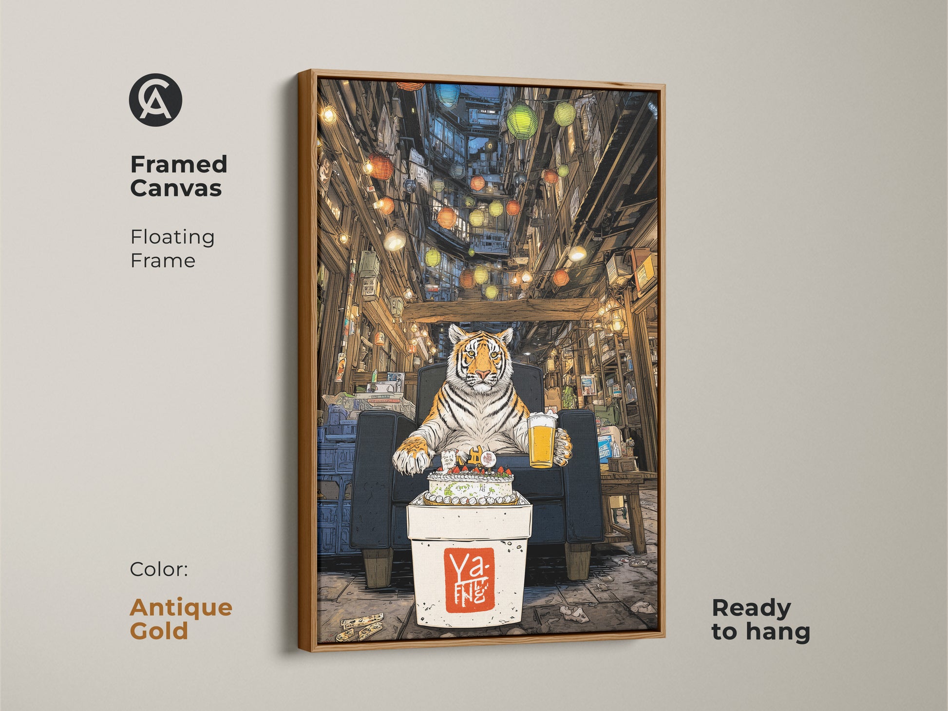 Framed canvas artwork features a tiger celebrating a birthday in an urban alley. Floating frame is antique gold. This ready-to-hang print is a unique tiger artwork. It's perfect for animal lovers. The eclectic decor adds vibrancy. It showcases an orange and brown color palette.
