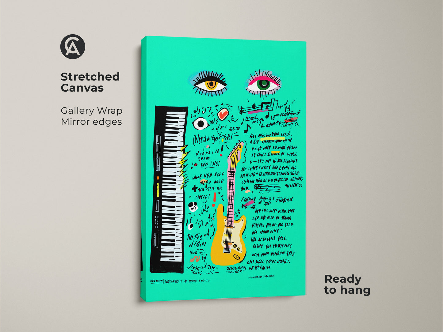 Stretched canvas gallery wrap showcases teal guitar Pop Art. Mirror edges enhance the abstract music artwork. Ready to hang and enjoy this unique studio decor a perfect gift for musicians and fans.