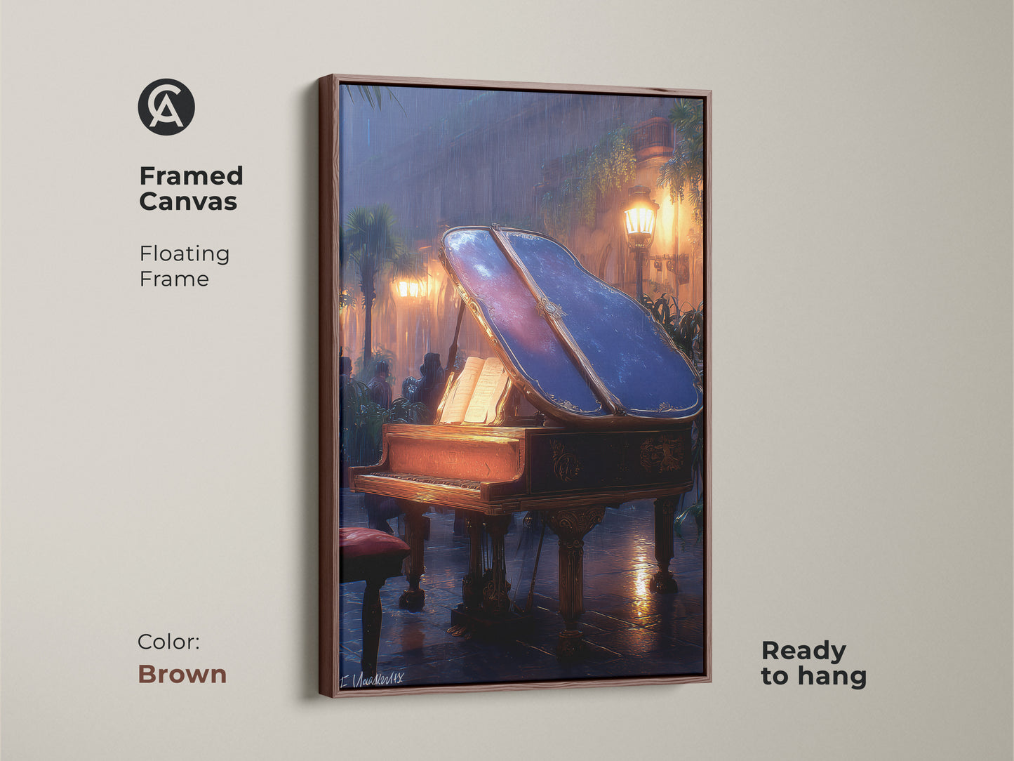 A brown framed canvas featuring the grand piano artwork is ready to hang with a floating frame. The mahogany amber blue print offers sophisticated wall decor. This eclectic music decor provides a romantic street scene to enhance music room ambiance.