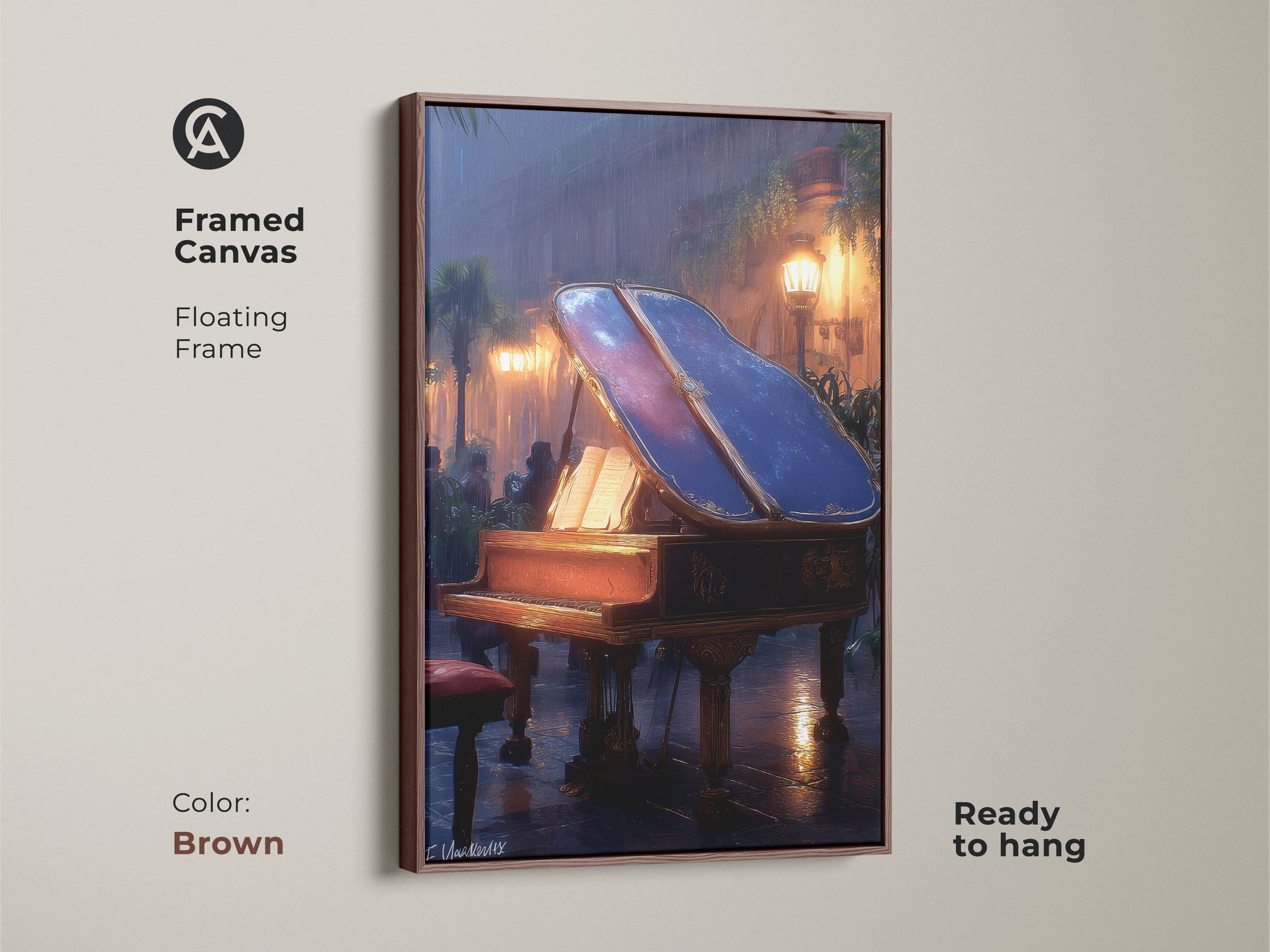 A brown framed canvas featuring the grand piano artwork is ready to hang with a floating frame. The mahogany amber blue print offers sophisticated wall decor. This eclectic music decor provides a romantic street scene to enhance music room ambiance.