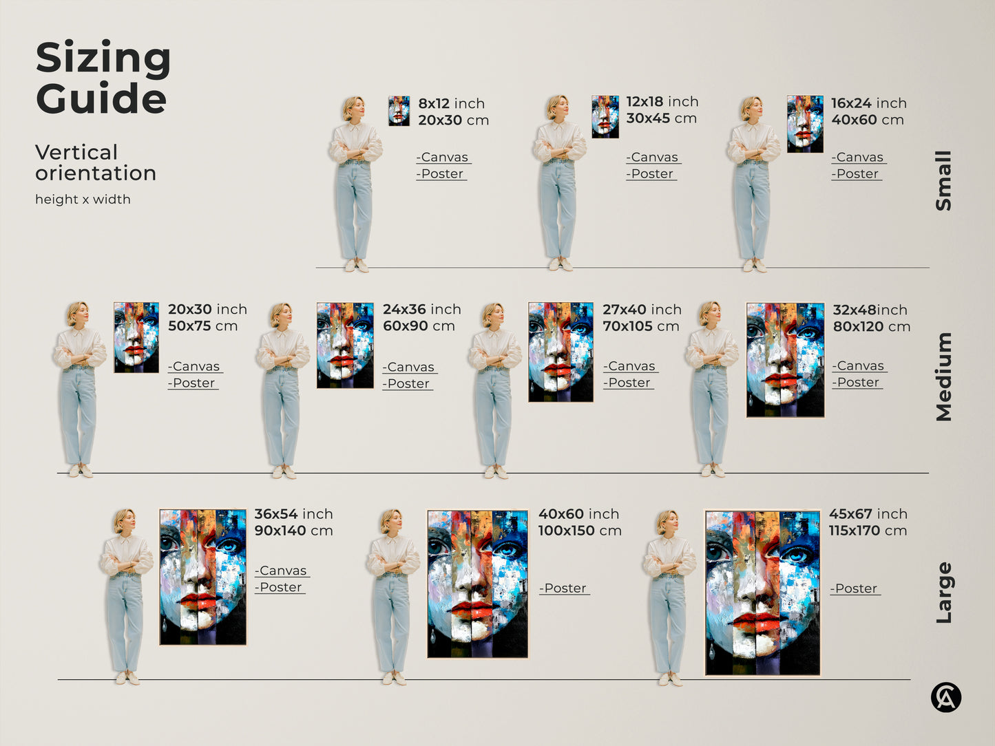 Sizing Guide for Abstract Portrait Art Print. Vertical orientation. Various sizes available: Small medium and large canvas or poster. Find the perfect fit for your space. Eclectic woman face expressionism wall art.