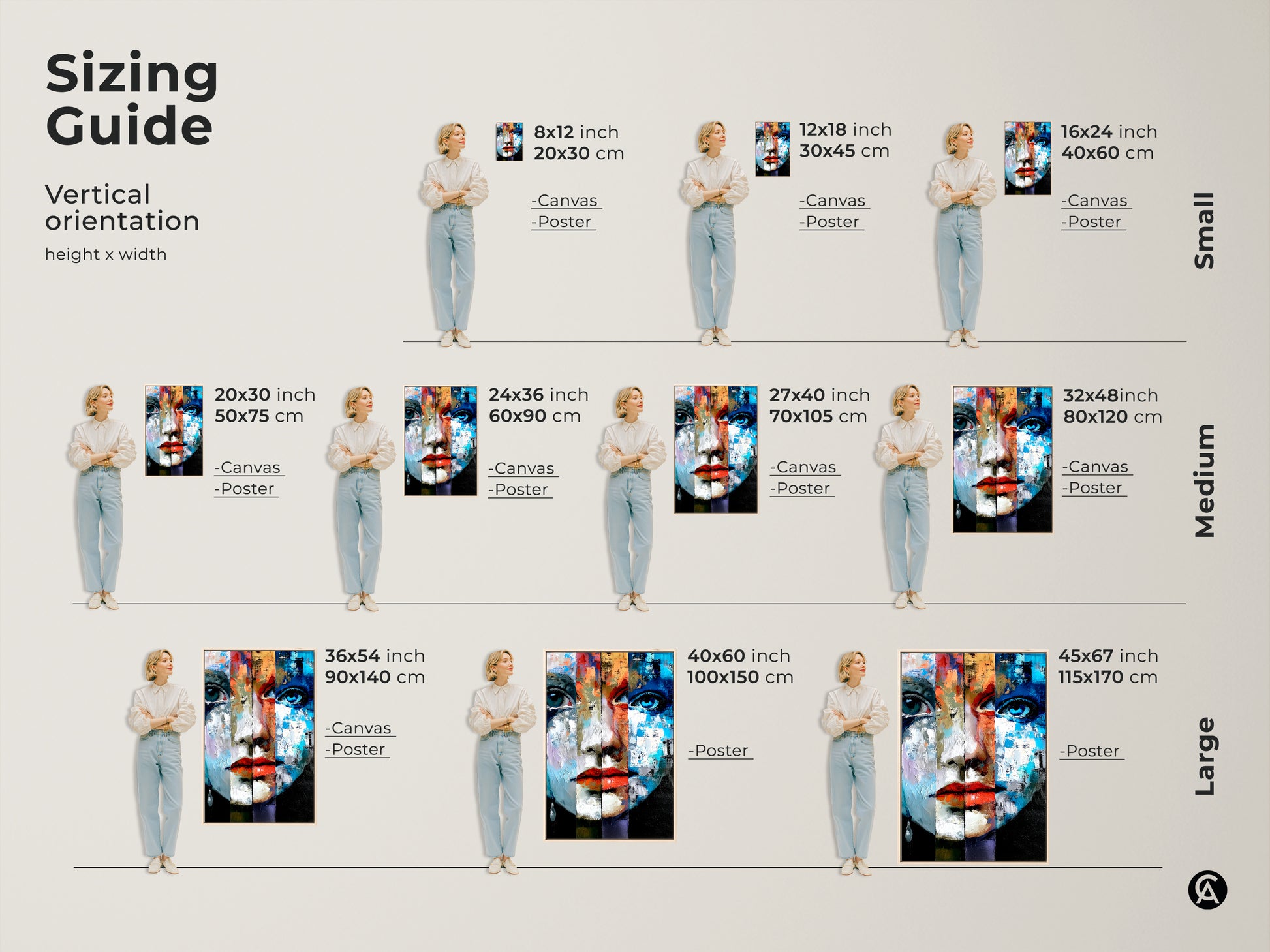 Sizing Guide for Abstract Portrait Art Print. Vertical orientation. Various sizes available: Small medium and large canvas or poster. Find the perfect fit for your space. Eclectic woman face expressionism wall art.