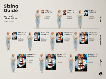 Sizing Guide for Abstract Portrait Art Print. Vertical orientation. Various sizes available: Small medium and large canvas or poster. Find the perfect fit for your space. Eclectic woman face expressionism wall art.