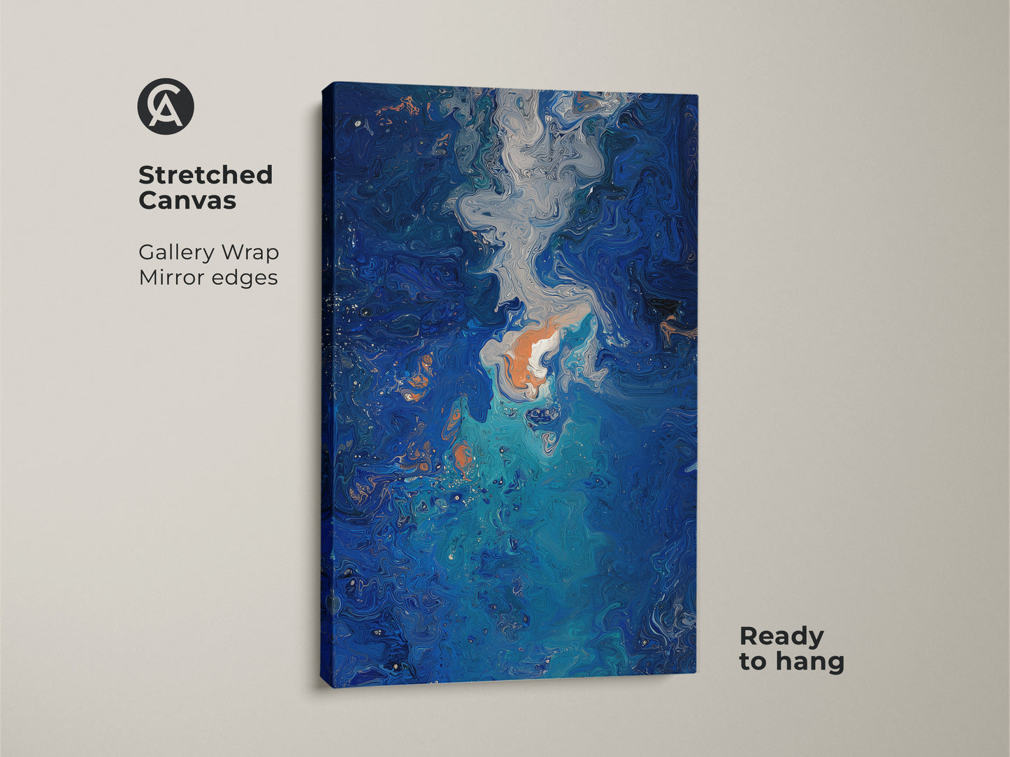 Stretched canvas featuring deep blue abstract art. The gallery wrap with mirror edges enhances the teal swirl canvas print. Ready to hang this modern abstract painting brings oceanic fluid art to your walls.