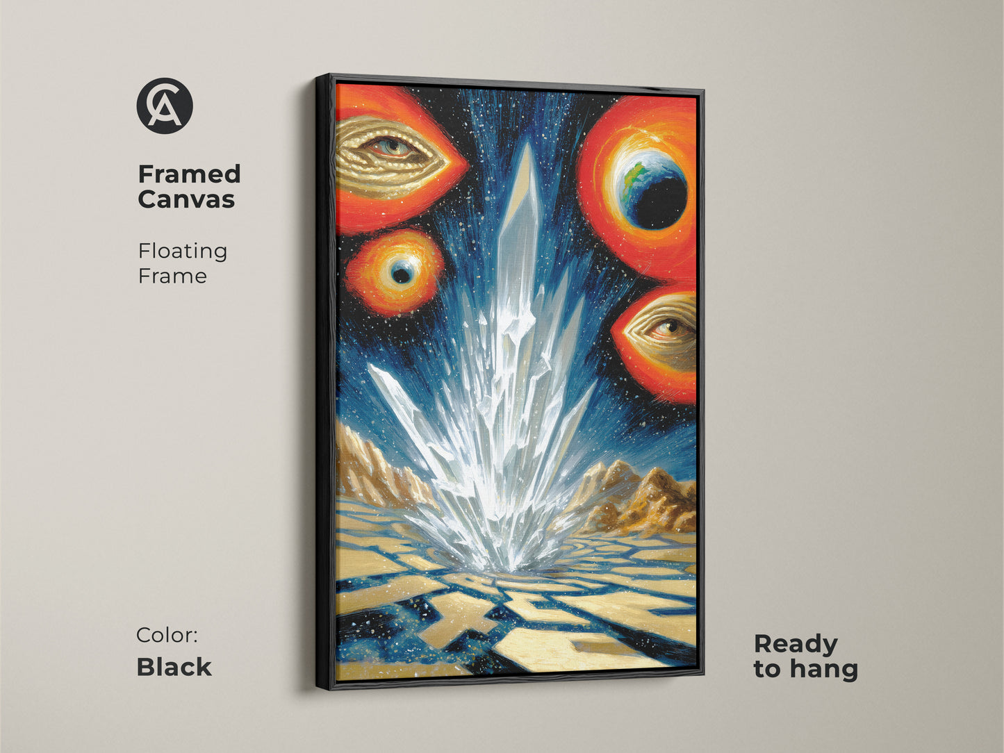 Framed Canvas with floating frame featuring surreal crystal landscape art with cosmic space eyes and earth. The abstract celestial artwork is black and ready to hang. Perfect as a unique home decor gift for space lovers it blends cosmic themes with abstract visuals.