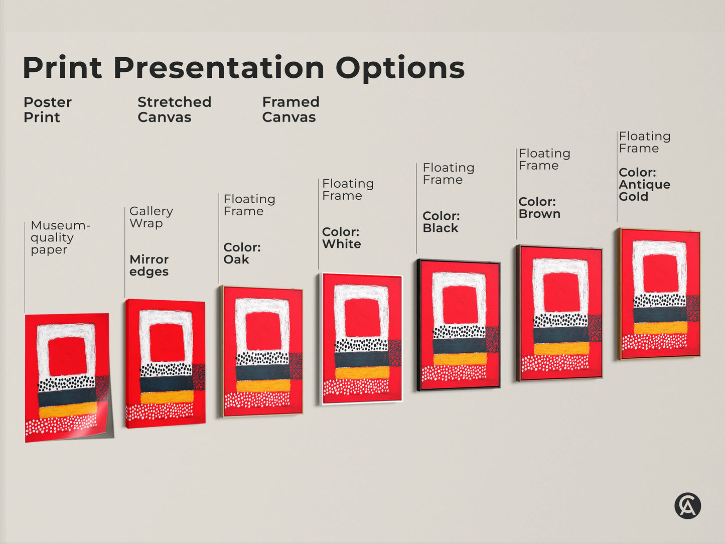 Print presentation options for contemporary abstract art. Choose from poster prints stretched canvas and framed canvas. Each features the bold red yellow teal and black geometric art. Pick your perfect eclectic home art.
