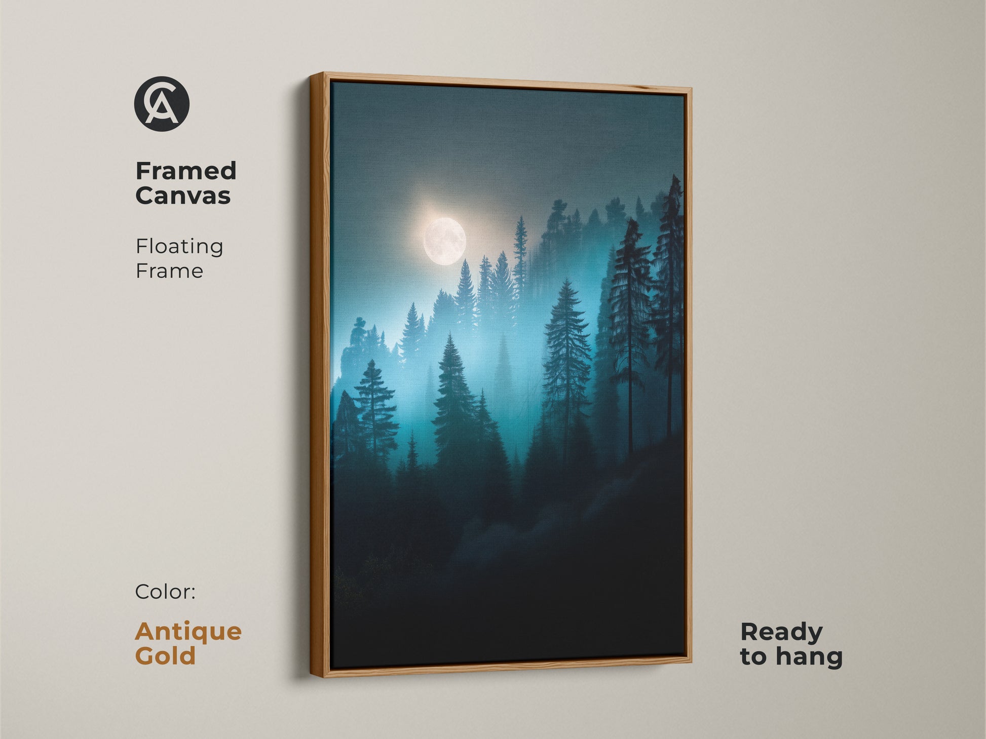 Antique gold framed canvas art capturing a moonlit forest. Deep blue and teal pine trees create a tranquil nature landscape. Elevate your space with this elegant artwork.