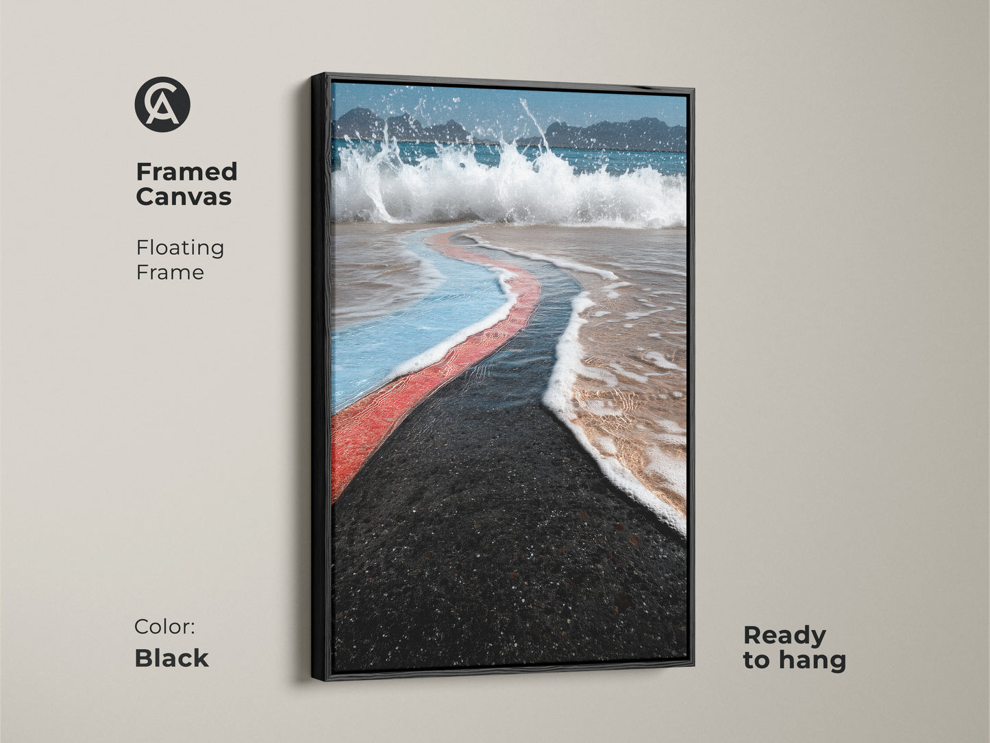 Black framed canvas featuring abstract coastal artwork. Floating frame enhances the beach landscape print. Teal and coral blue artwork for modern home decor. Ready to hang and enjoy the ocean wave painting.