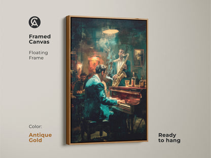 Bring a touch of elegance with this framed canvas artwork. The antique gold floating frame highlights the jazz scene with a pianist and saxophonist. Ready to hang this piece brings a classic musical vibe. Perfect for adding rhythm and style to your space.
