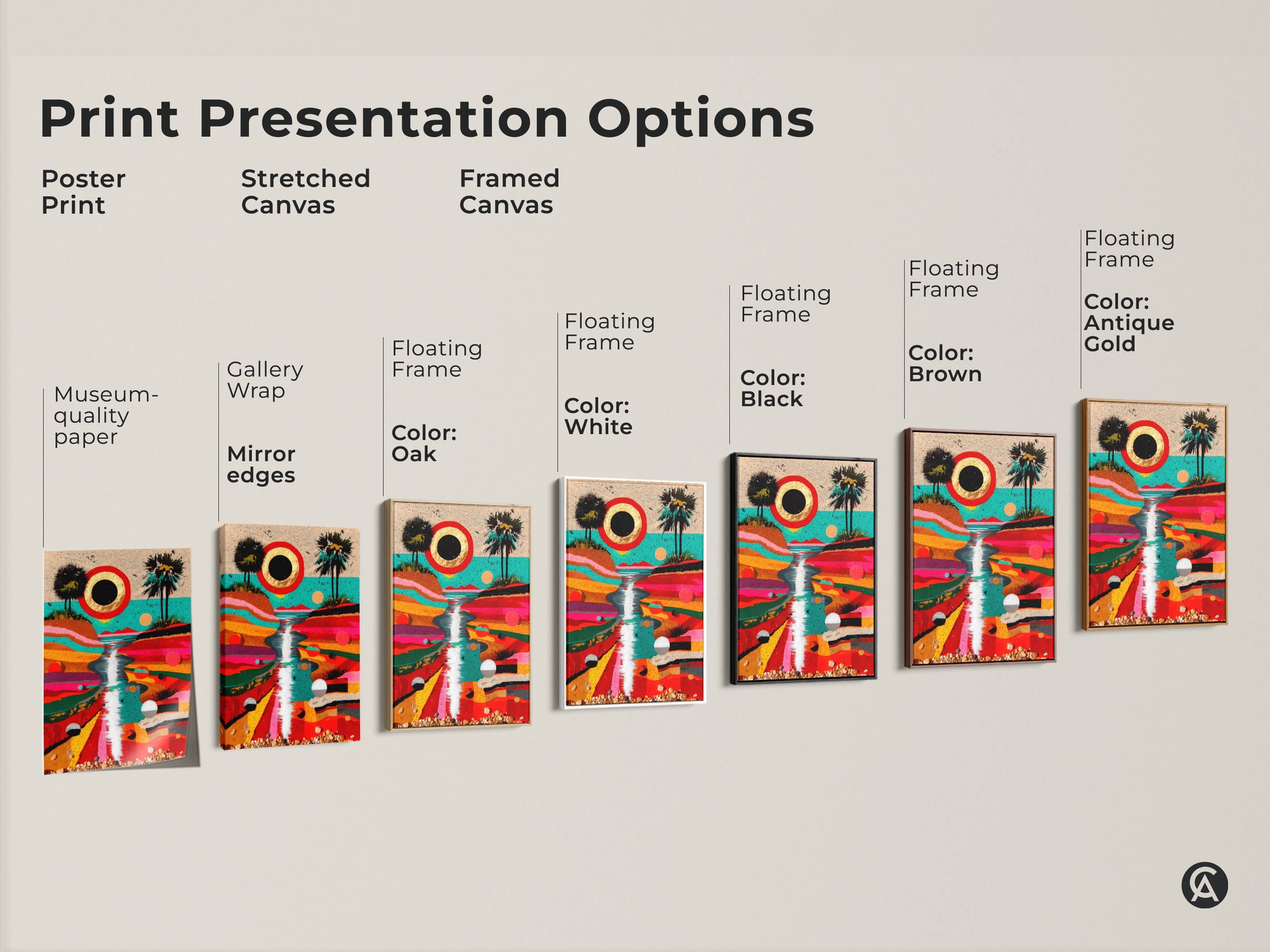 Explore print presentation options for abstract landscape wall art. The display features poster stretched and framed canvas options. Each artwork enhances the crimson gold teal colors. Museum-quality paper and floating frames elevate the modern art decor.