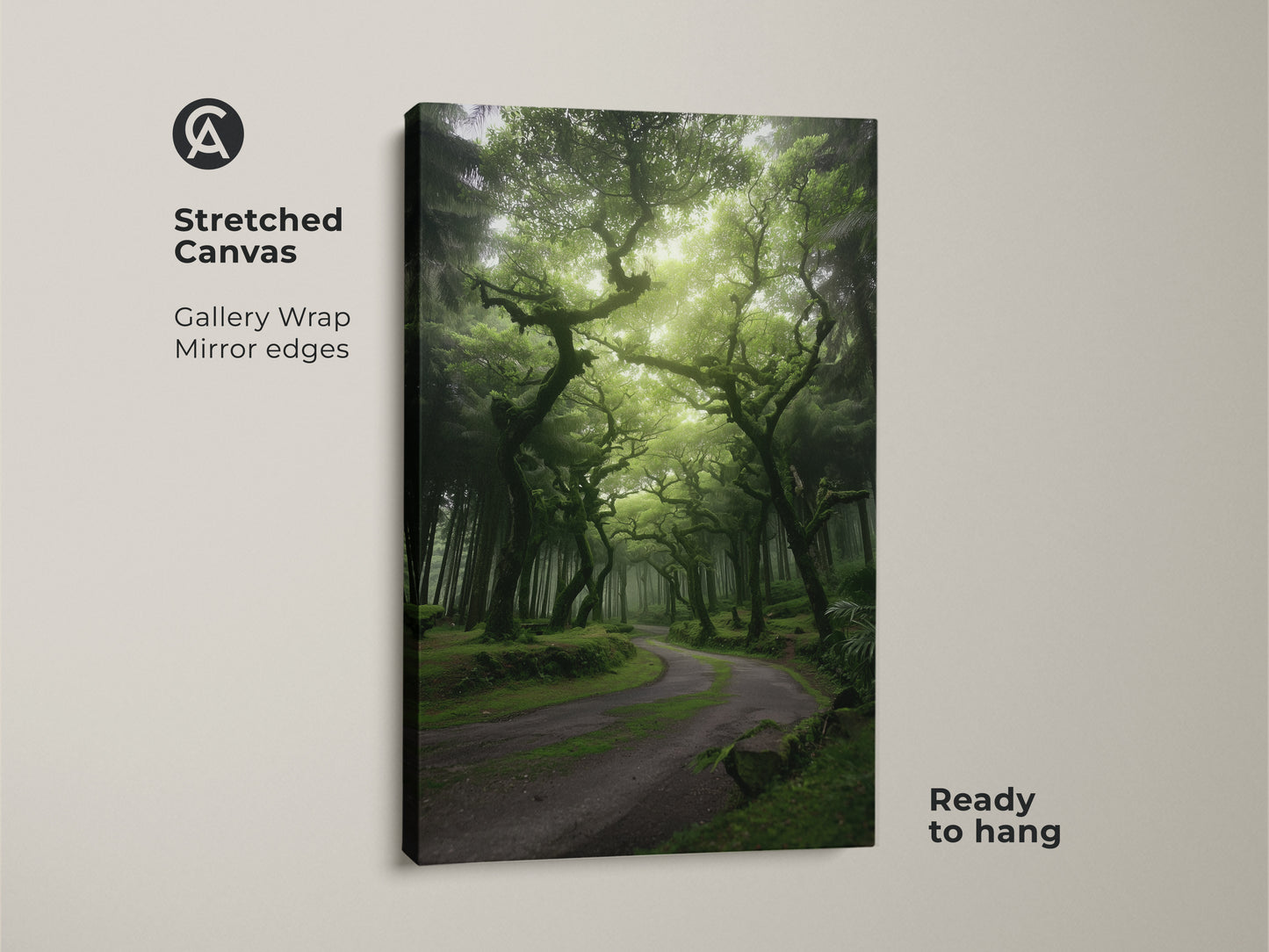 A stretched canvas displays a misty forest with emerald green trees and an enchanted woodland path. The gallery wrap and mirror edges enhance the nature landscape canvas. It is ready to hang as boho woodland wall art. This artwork brings serene beauty to any room