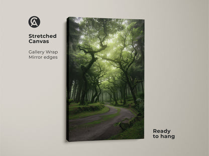 A stretched canvas displays a misty forest with emerald green trees and an enchanted woodland path. The gallery wrap and mirror edges enhance the nature landscape canvas. It is ready to hang as boho woodland wall art. This artwork brings serene beauty to any room
