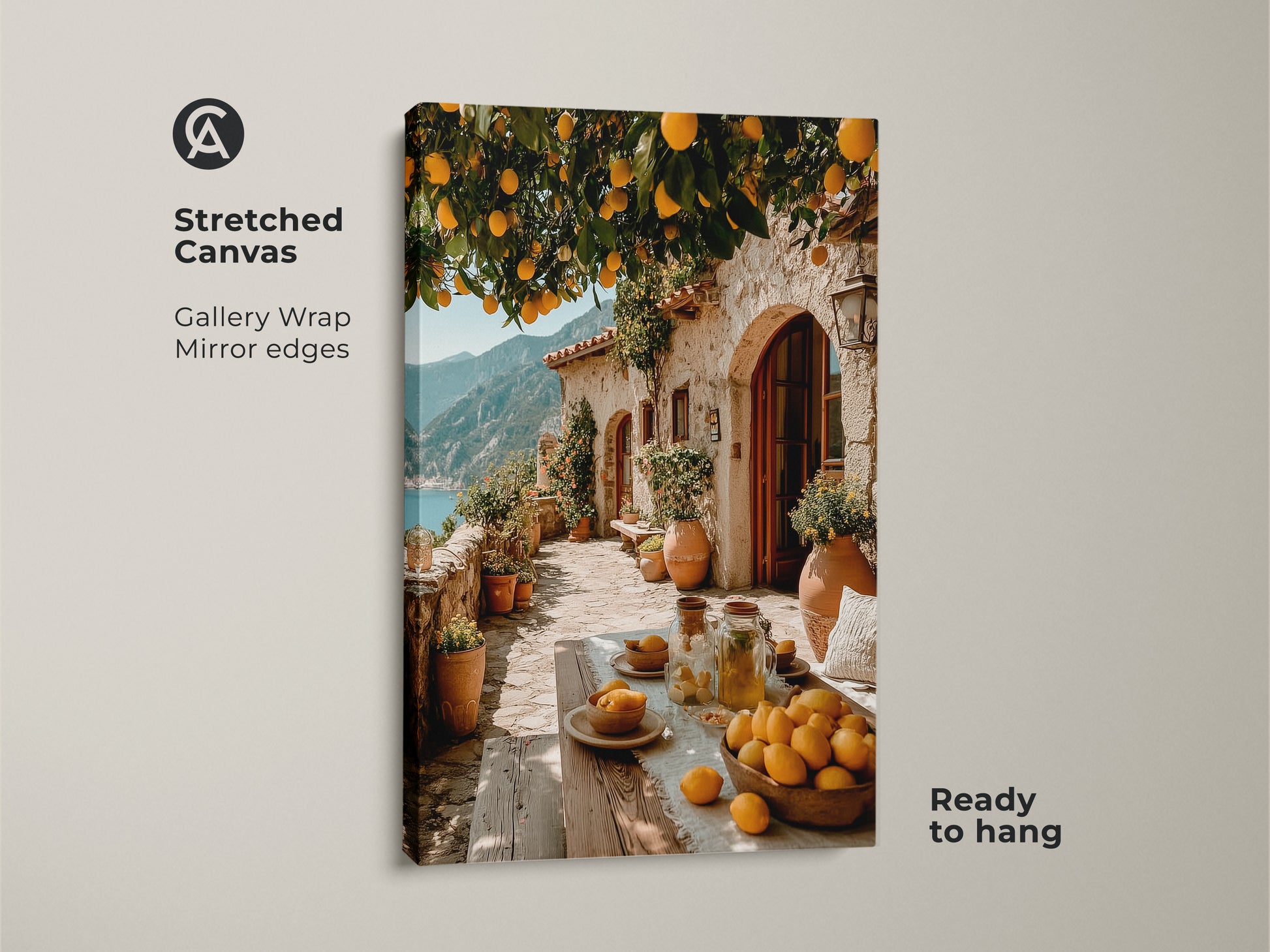 Mediterranean lemon tree art print displayed as a stretched canvas. Gallery wrapped with mirrored edges this coastal villa wall art is ready to hang. The Italian landscape canvas art enhances any space with yellow and blue decor.