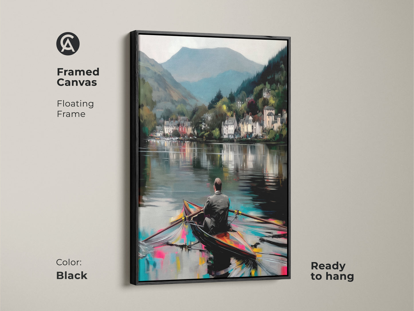 Framed canvas of a man rowing boat near a coastal village. Black floating frame complements the deep blue teal artwork. Expressive travel scenery art enhances bedroom decor. Ready to hang for nautical themed art.