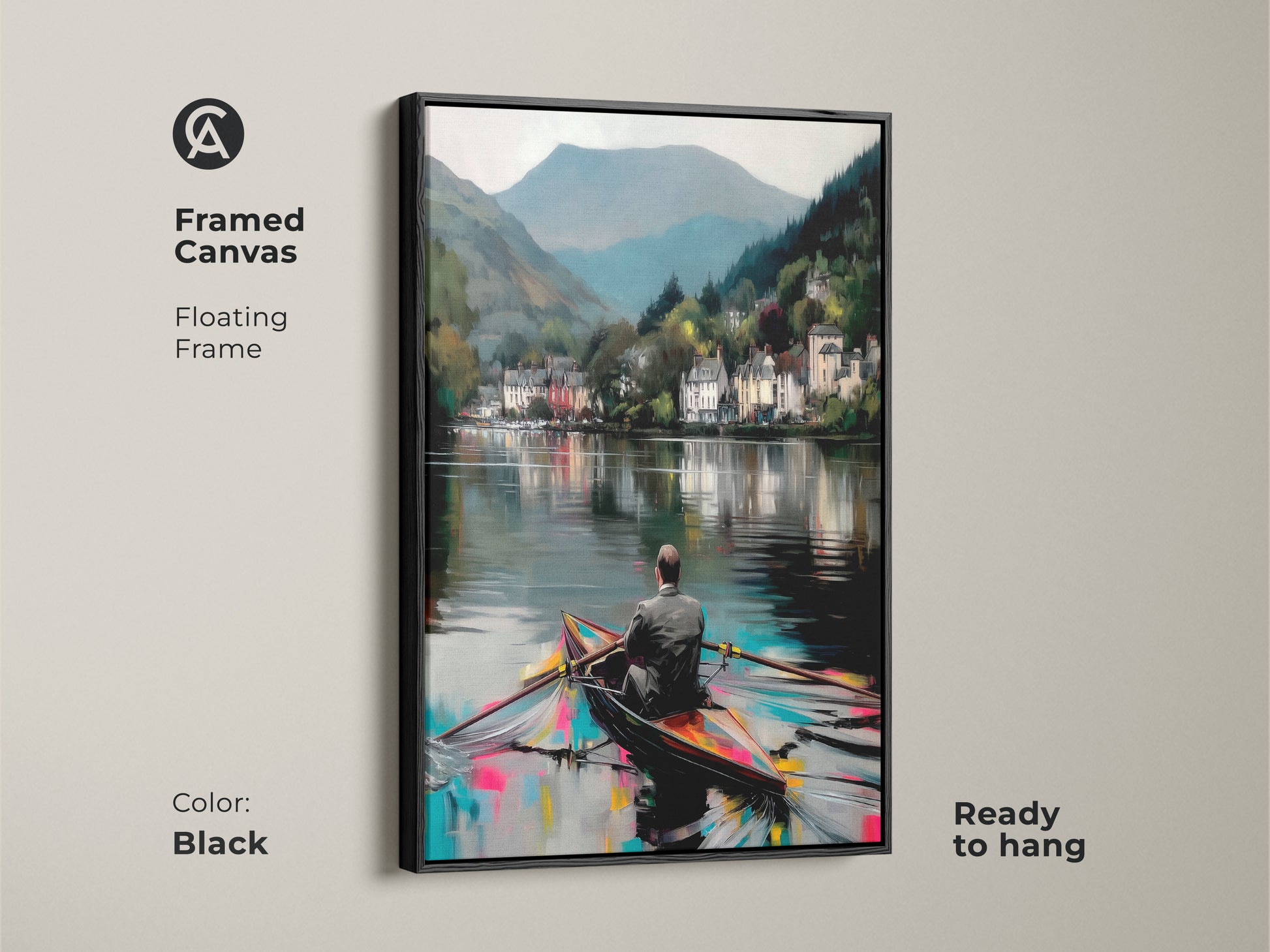 Framed canvas of a man rowing boat near a coastal village. Black floating frame complements the deep blue teal artwork. Expressive travel scenery art enhances bedroom decor. Ready to hang for nautical themed art.