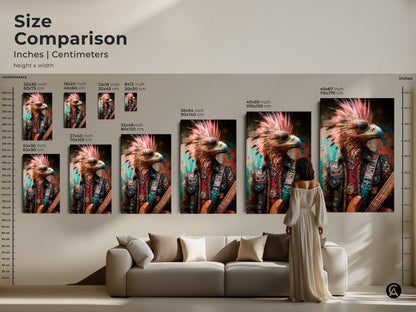 Size comparison chart for Eagle Rocker art. Available in inches and centimeters. Various canvas and poster sizes are displayed. You can find art from 20x30 cm up to 45x67 inches. The animal art can be displayed in multiple sizes in your home.