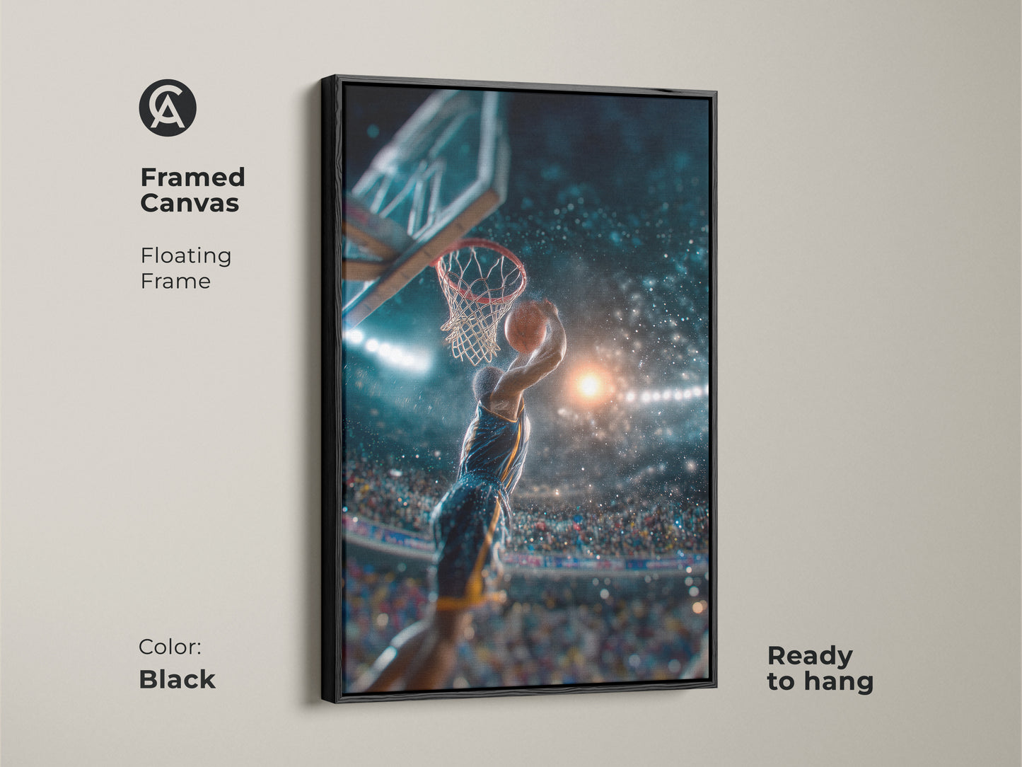 Experience the thrill of basketball with this framed canvas art. A player is captured mid-dunk in this action shot. The black floating frame enhances the artwork. Ready to hang and enjoy. Elevate your space with this modern sports art piece. A slam dunk for any room.