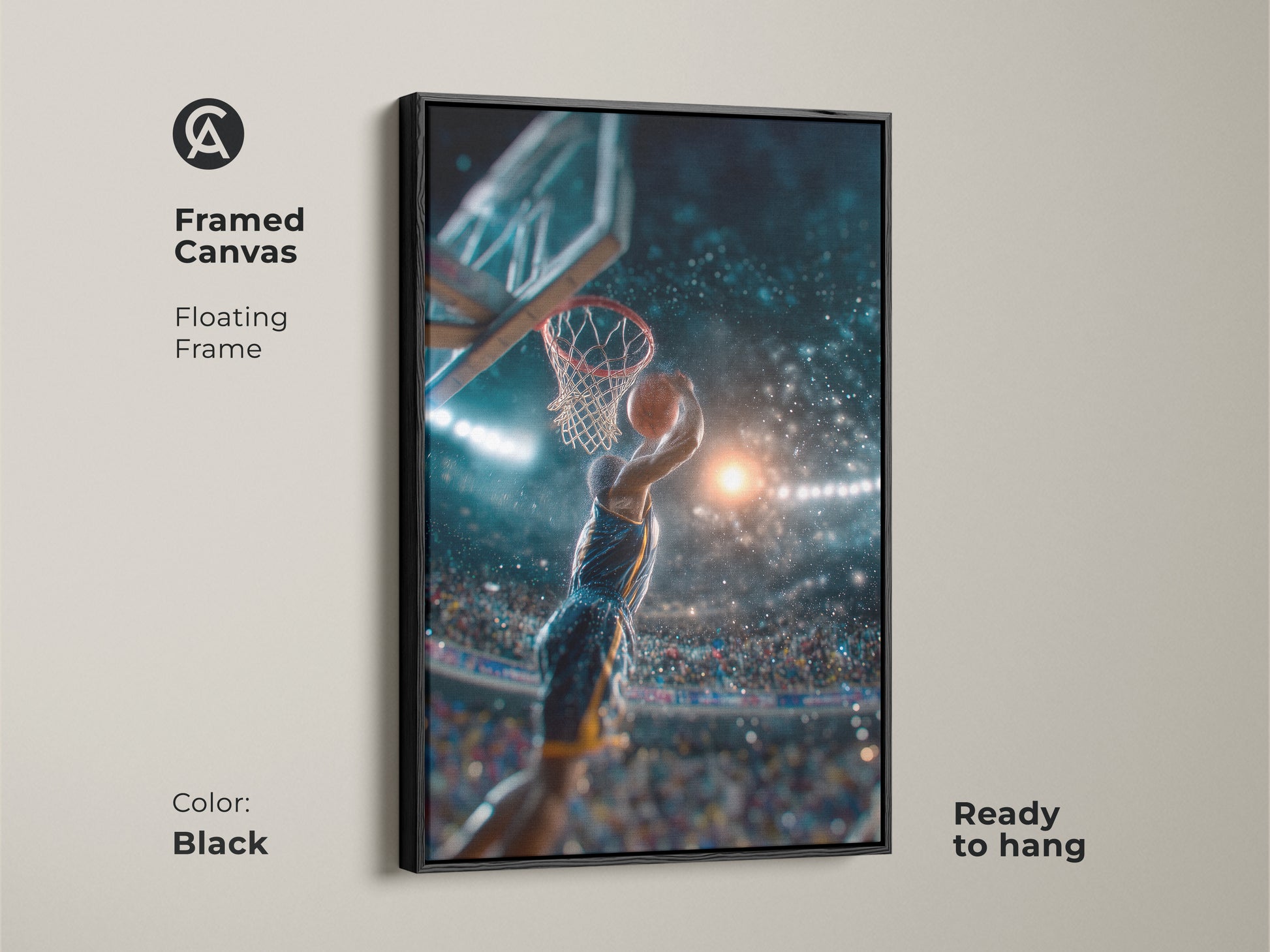 Experience the thrill of basketball with this framed canvas art. A player is captured mid-dunk in this action shot. The black floating frame enhances the artwork. Ready to hang and enjoy. Elevate your space with this modern sports art piece. A slam dunk for any room.