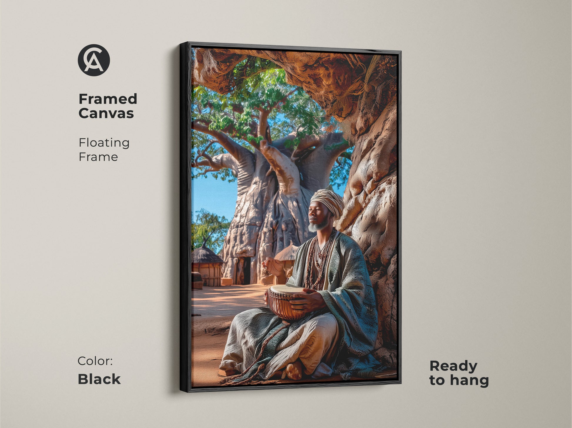 Framed canvas with a floating frame showcasing an African man drumming under a baobab tree. This black framed art is ready to hang. It combines boho aesthetics with cultural heritage decor. A green and brown art piece that complements any wall.