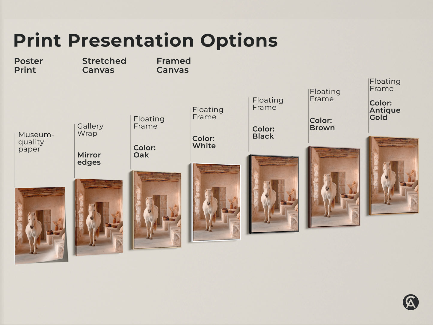Explore print options for the cream tan beige horse artwork. Choose from a poster print stretched canvas or framed canvas. Each option highlights the rustic horse art. Find the perfect presentation for your boho home decor. Ideal for horse lovers.
