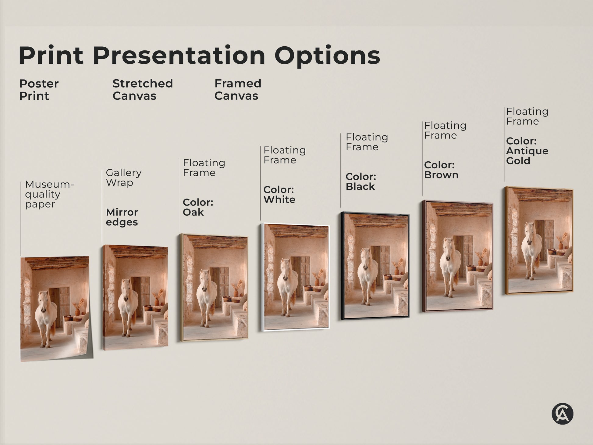 Explore print options for the cream tan beige horse artwork. Choose from a poster print stretched canvas or framed canvas. Each option highlights the rustic horse art. Find the perfect presentation for your boho home decor. Ideal for horse lovers.