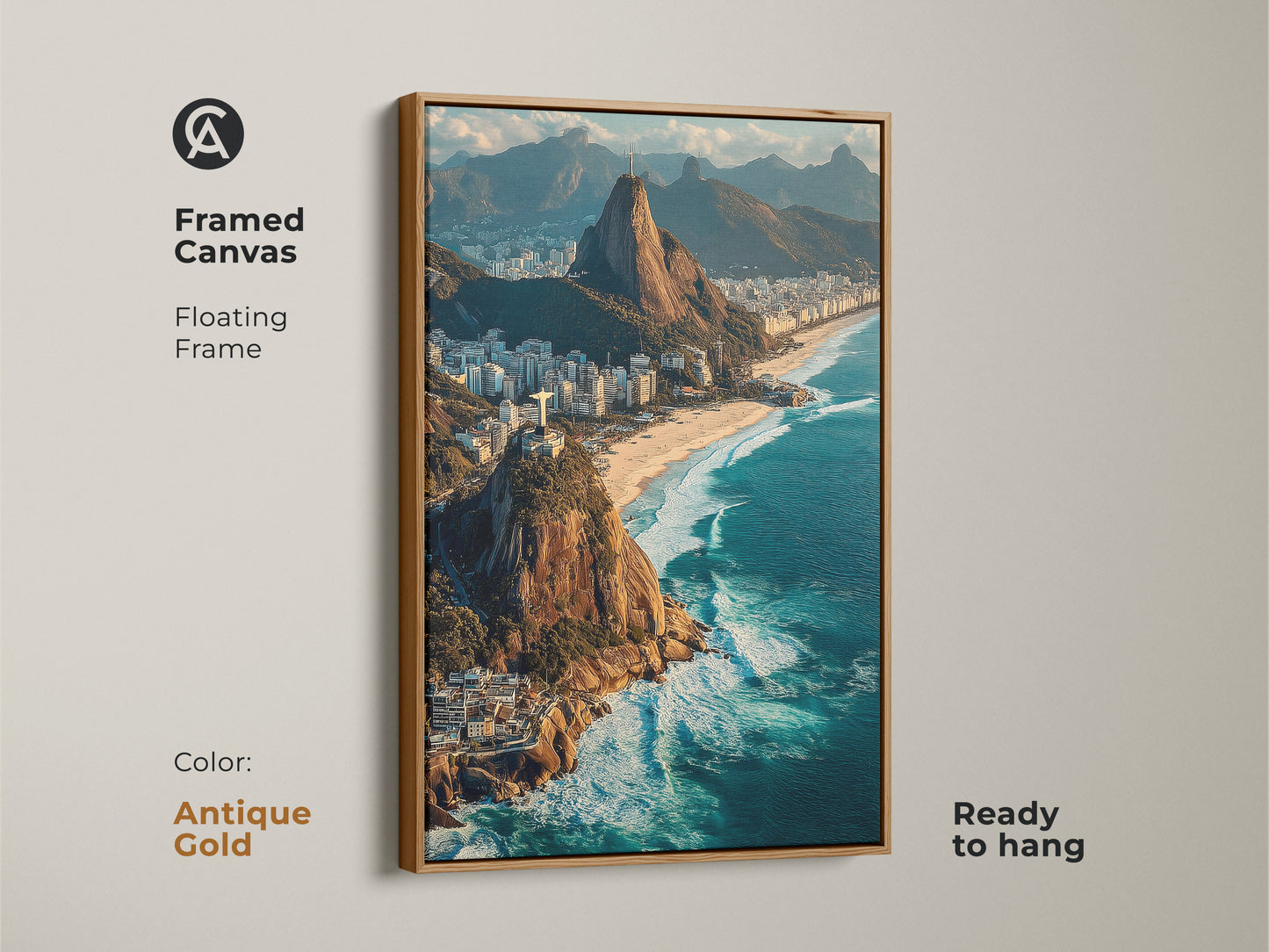A framed canvas of Rio de Janeiro featuring Ipanema Beach and Christ the Redeemer in an antique gold floating frame. Ready to hang this artwork brings a contemporary vibe. The blue ocean waves art makes a fantastic holiday destination print