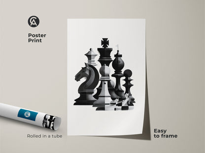 This abstract chess artwork is presented as a poster print. Rolled in a tube for easy framing. Perfect for minimalist wall decor. The monochrome strategy game art offers a sophisticated touch. This is a smart gift for chess players.