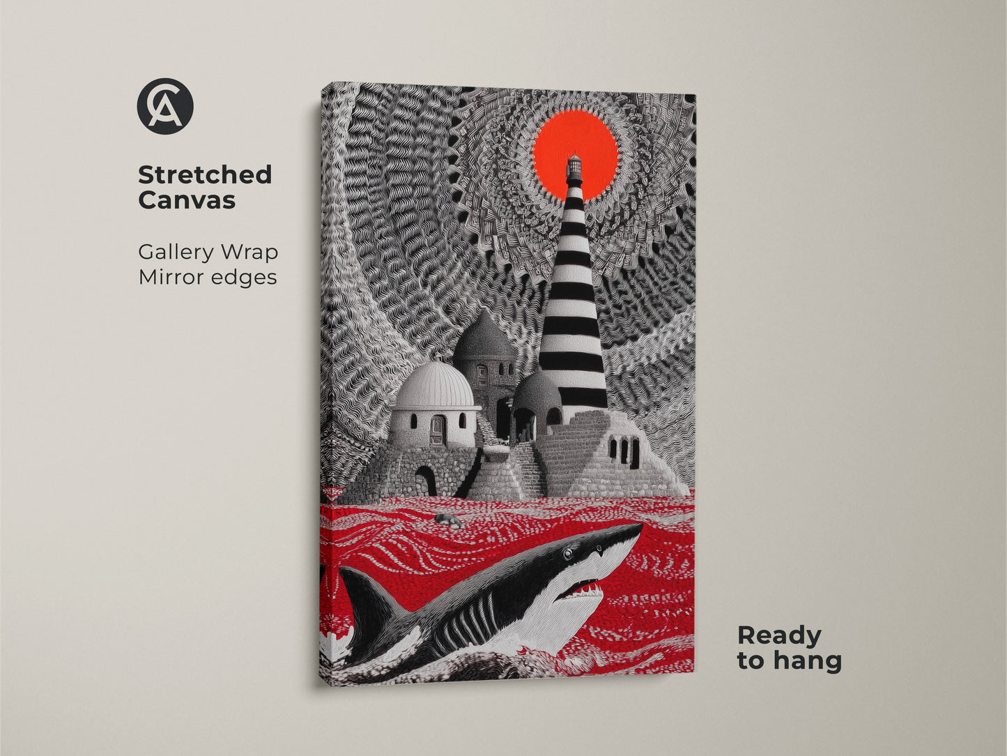 Stretched Canvas of surreal shark art. The crimson ocean canvas art includes a lighthouse offering fantasy wall decor. Ready to hang this nautical wall hanging is the perfect eclectic home decor gift.