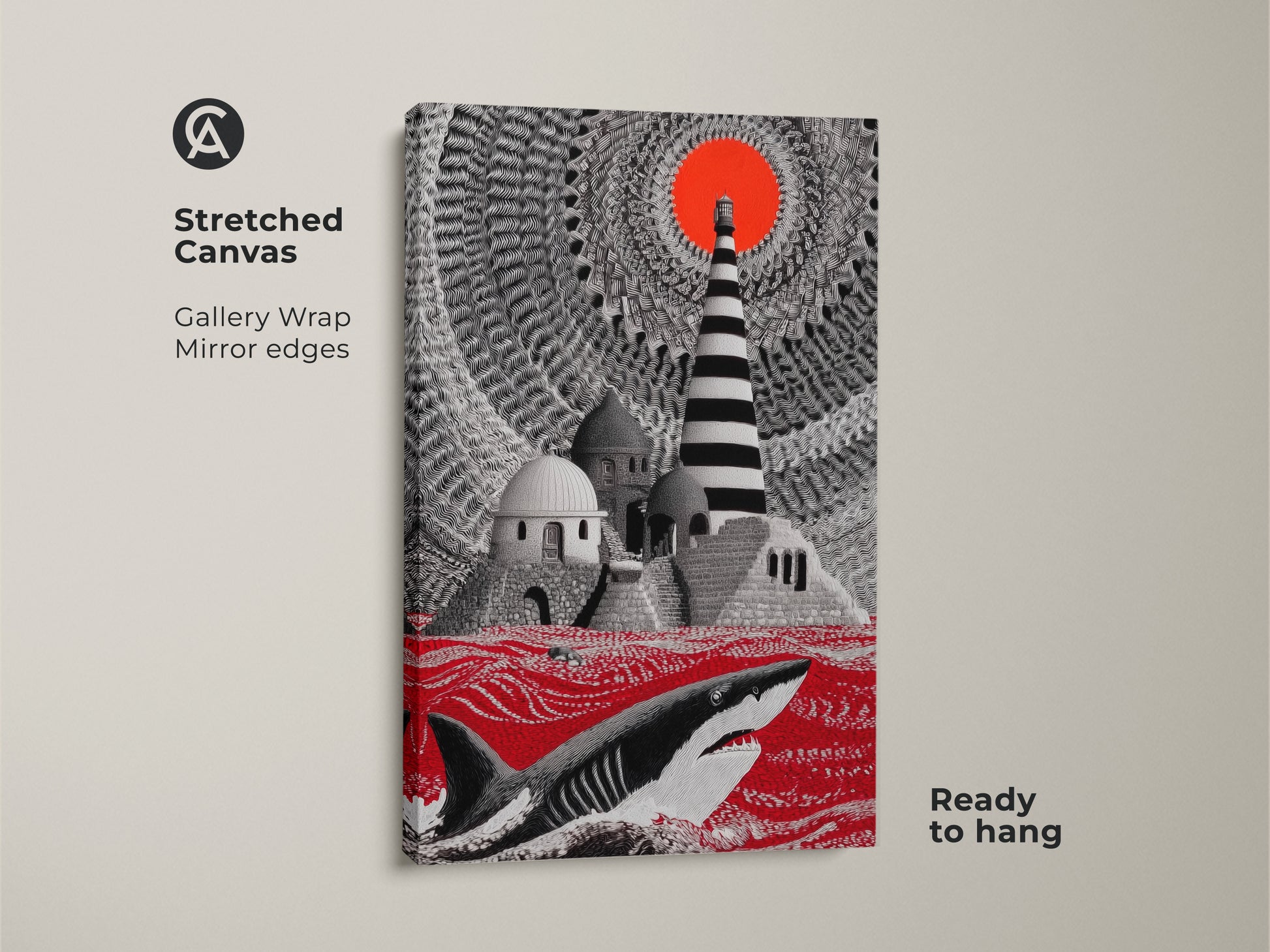 Stretched Canvas of surreal shark art. The crimson ocean canvas art includes a lighthouse offering fantasy wall decor. Ready to hang this nautical wall hanging is the perfect eclectic home decor gift.