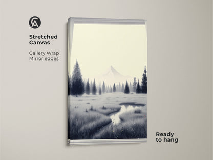 Stretched canvas displaying minimalist mountain artwork with black and white landscape. This Scandinavian pine tree canvas is ready to hang. The monochrome nature wall art offers a serene escape. Perfect bedroom landscape decor in a minimalist style.