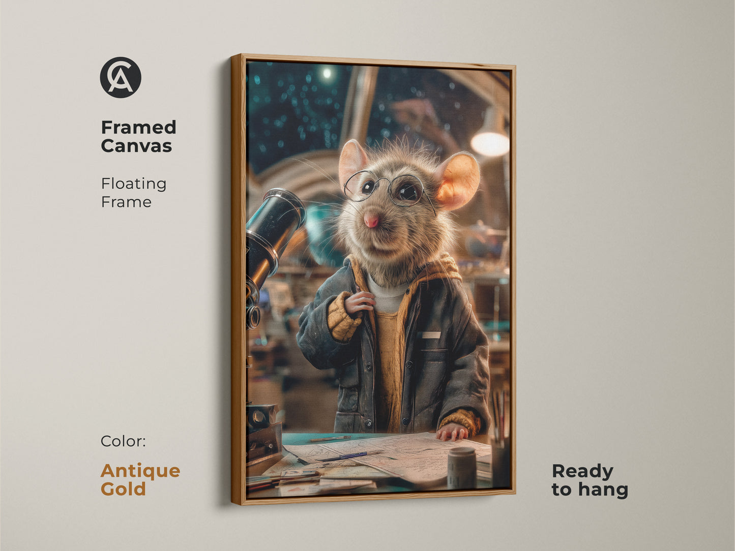 Framed canvas featuring a mouse astronaut in an antique gold floating frame. The mouse wears glasses and peers through a telescope. This space exploration artwork is perfect for an office or study. The sci-fi art adds an eclectic touch. This warm yellow gray piece is ready to hang.