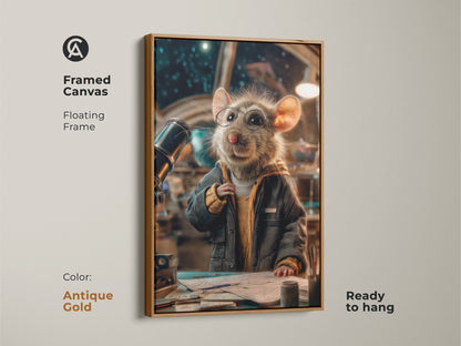 Framed canvas featuring a mouse astronaut in an antique gold floating frame. The mouse wears glasses and peers through a telescope. This space exploration artwork is perfect for an office or study. The sci-fi art adds an eclectic touch. This warm yellow gray piece is ready to hang.