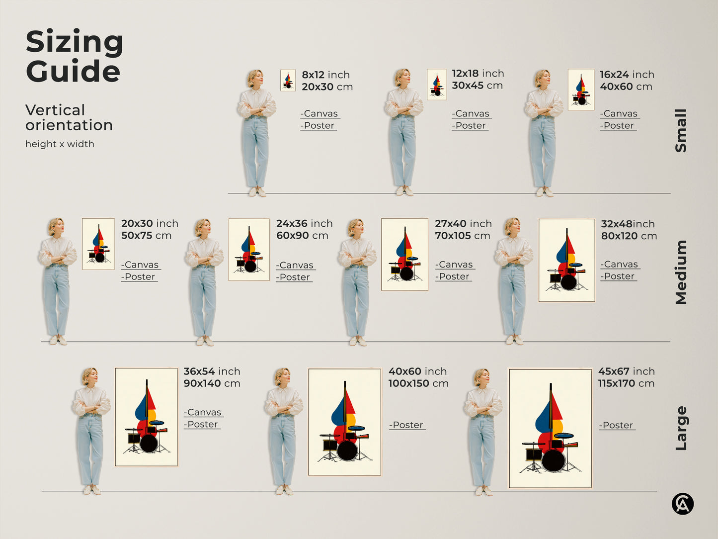 Explore vertical orientation sizing guide for canvas and poster prints. See how this abstract drum set art fits different spaces. Choose from small medium or large sizes. This geometric music art is ideal wall decor. Visualize the perfect scale for your modern artwork.