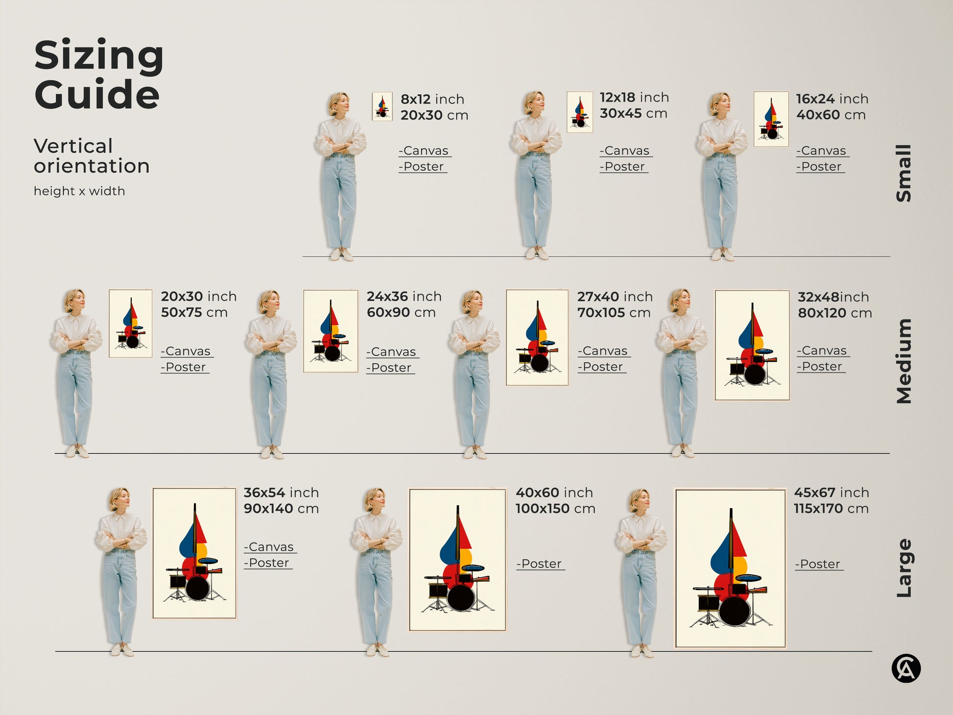 Explore vertical orientation sizing guide for canvas and poster prints. See how this abstract drum set art fits different spaces. Choose from small medium or large sizes. This geometric music art is ideal wall decor. Visualize the perfect scale for your modern artwork.
