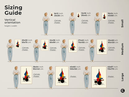 Explore vertical orientation sizing guide for canvas and poster prints. See how this abstract drum set art fits different spaces. Choose from small medium or large sizes. This geometric music art is ideal wall decor. Visualize the perfect scale for your modern artwork.