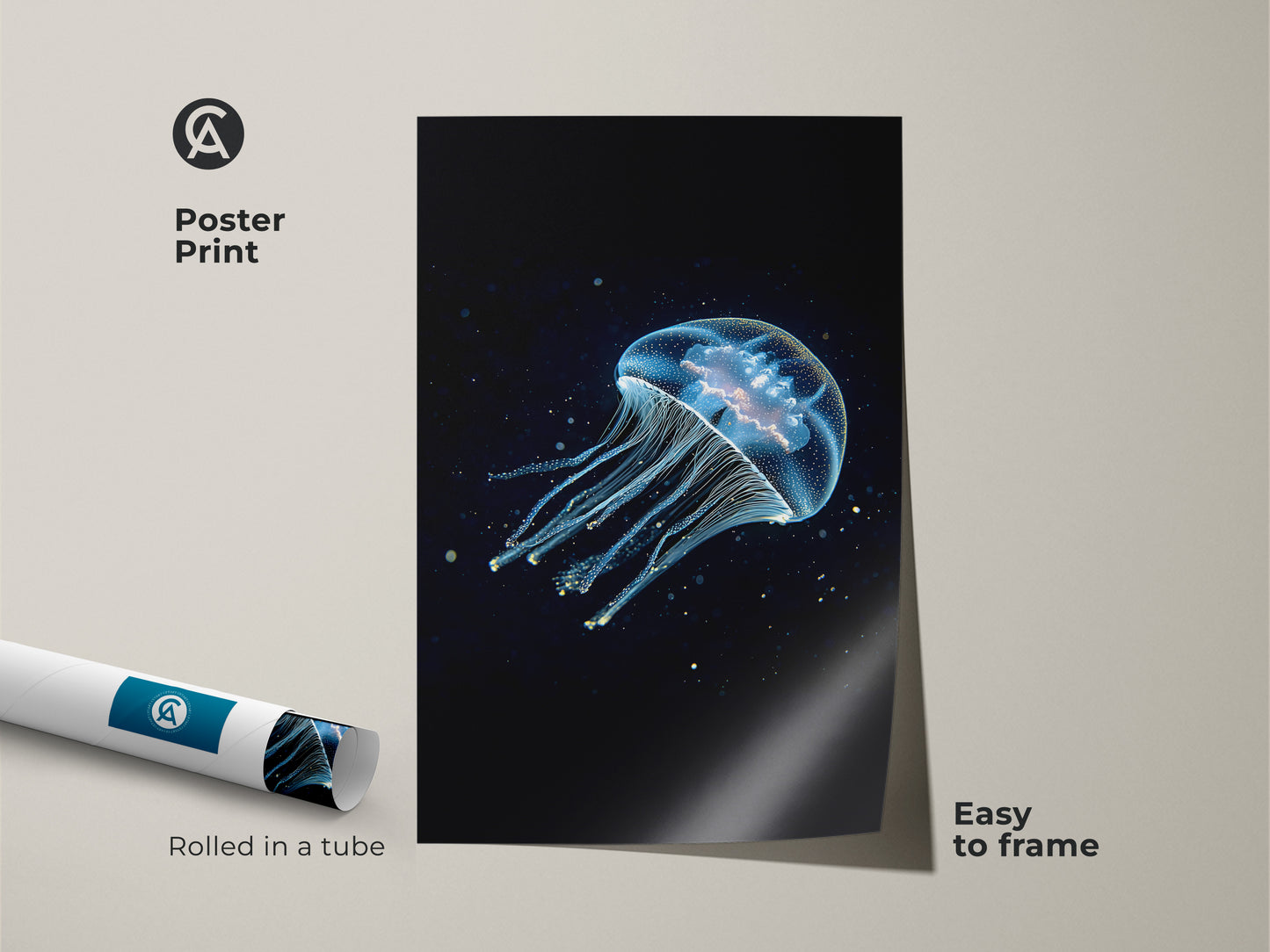 A rolled poster print displays an abstract jellyfish. The bioluminescent art brings deep sea vibes. It's easy to frame this marine life artwork. The print is perfect for adding a touch of the ocean to any room. It's a thoughtful gift for ocean lovers.