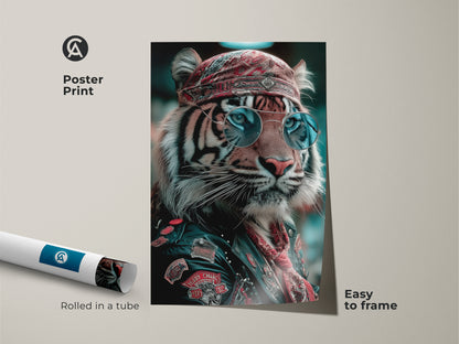 Poster print of the tiger biker canvas art. Rolled in a tube and easy to frame. This animal portrait art makes a great gift for motorcycle lovers. This unique animal canvas brings biker culture art to any space. Showcasing a cool tiger wall art.